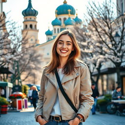 A vibrant scene of a young woman standing confidently in the city of Kazan, Russia