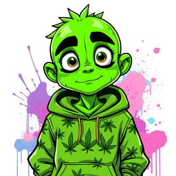 A vibrant green humanoid character inspired by cannabis, featuring exaggerated traits such as large expressive eyes outlined with thick black strokes