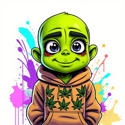 A vibrant green humanoid character inspired by cannabis, featuring exaggerated traits such as large expressive eyes outlined with thick black strokes