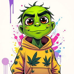 A vibrant green humanoid character inspired by cannabis, featuring exaggerated traits such as large expressive eyes outlined with thick black strokes