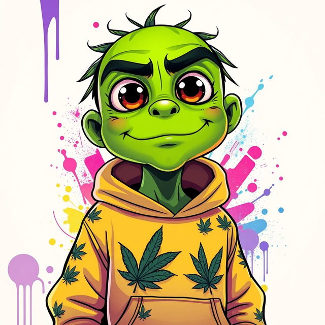 A vibrant green humanoid character inspired by cannabis, featuring exaggerated traits such as large expressive eyes outlined with thick black strokes