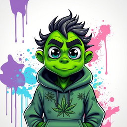 A vibrant green humanoid character inspired by cannabis, featuring exaggerated traits such as large expressive eyes outlined with thick black strokes