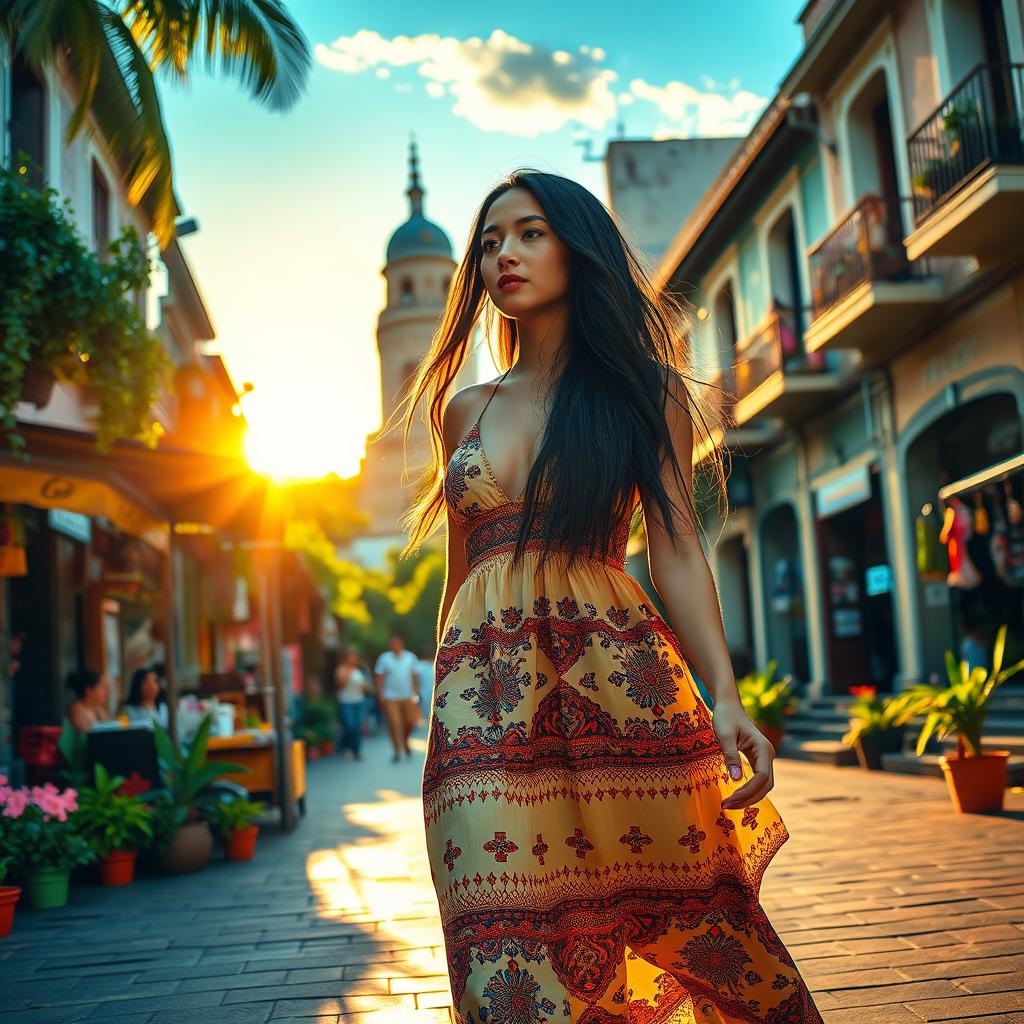 A vibrant city scene in Colombia featuring a young woman walking through colorful streets filled with local markets, lush greenery, and historic architecture