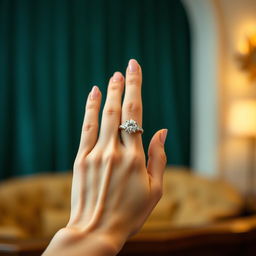 A close-up of an elegant hand with delicate fingers gracefully positioned as if holding a sparkling diamond ring
