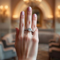 A close-up of an elegant hand with delicate fingers gracefully positioned as if holding a sparkling diamond ring