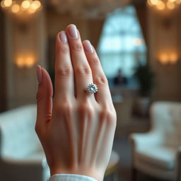 A close-up of an elegant hand with delicate fingers gracefully positioned as if holding a sparkling diamond ring
