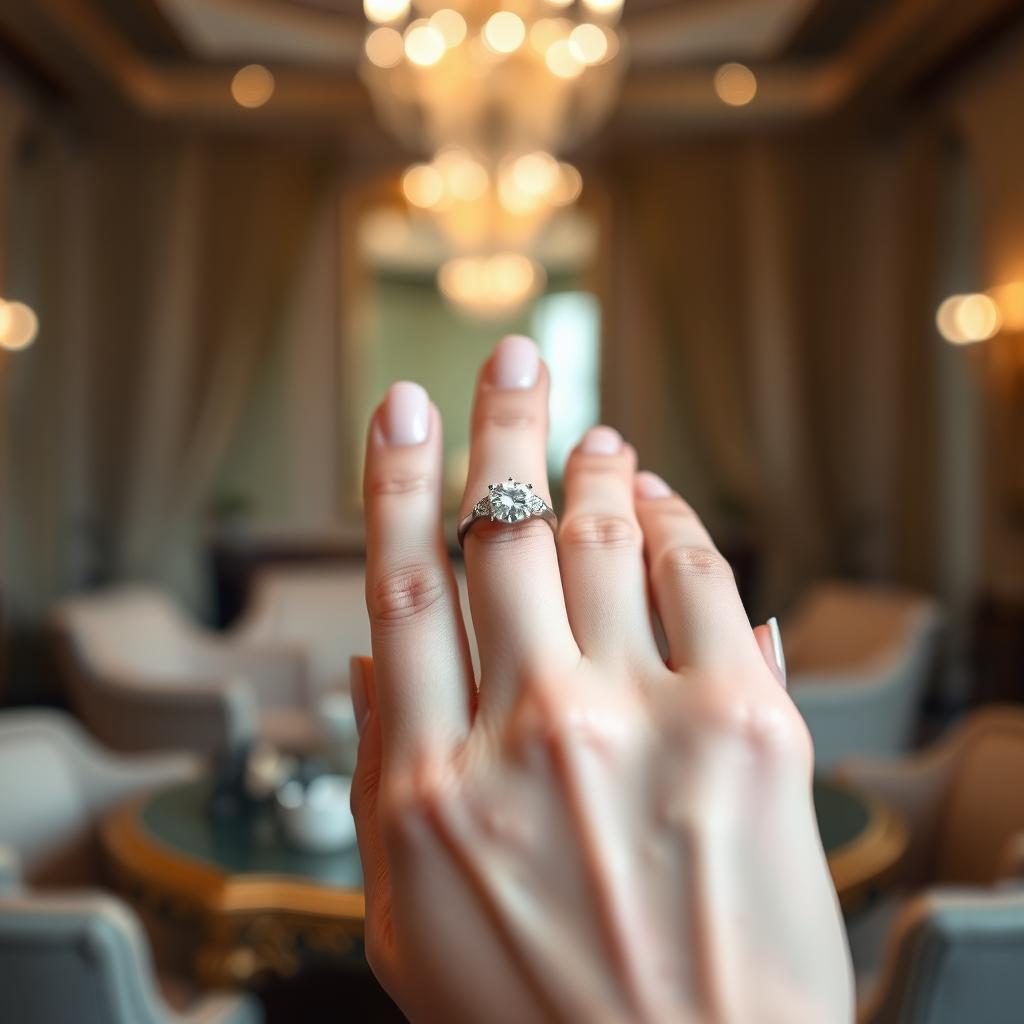 A close-up of an elegant hand with delicate fingers gracefully positioned as if holding a sparkling diamond ring