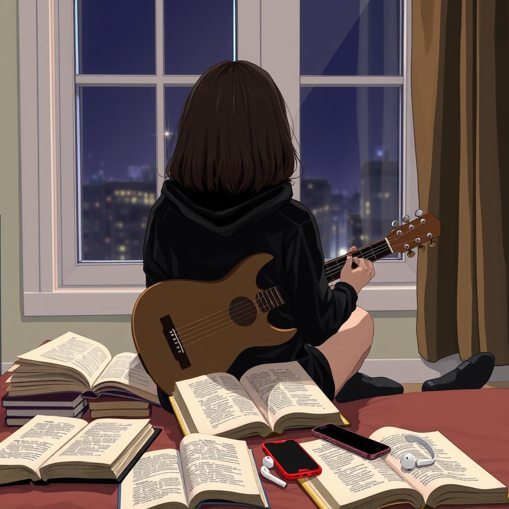 A girl sitting with a guitar, facing a window so her face is not visible