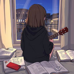 A girl sitting with a guitar, facing a window so her face is not visible
