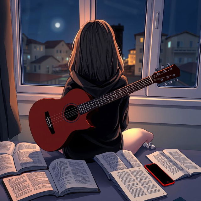 A girl sitting with a guitar, facing a window so her face is not visible