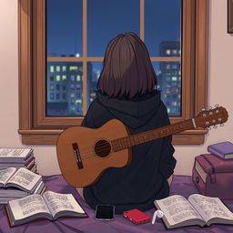 A girl sitting with a guitar, facing a window so her face is not visible
