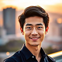 A stylish and modern profile picture featuring a confident young adult with shoulder-length black hair, wearing a casual navy blue shirt