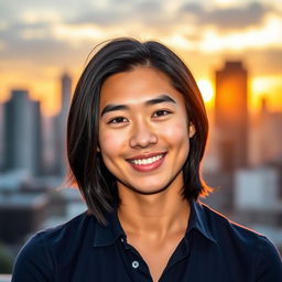 A stylish and modern profile picture featuring a confident young adult with shoulder-length black hair, wearing a casual navy blue shirt