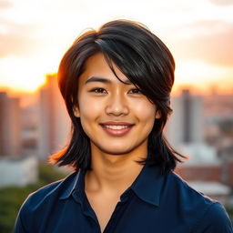A stylish and modern profile picture featuring a confident young adult with shoulder-length black hair, wearing a casual navy blue shirt