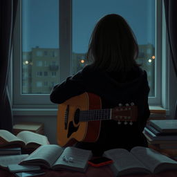 A girl sitting in front of a window with her guitar, facing away so her face is not visible