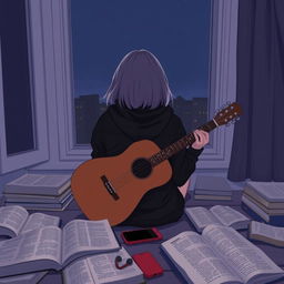 A girl sitting in front of a window with her guitar, facing away so her face is not visible
