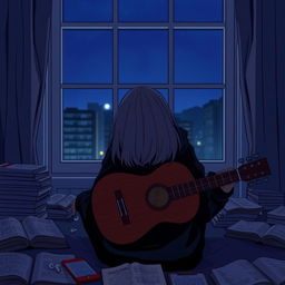 A girl sitting in front of a window with her guitar, facing away so her face is not visible