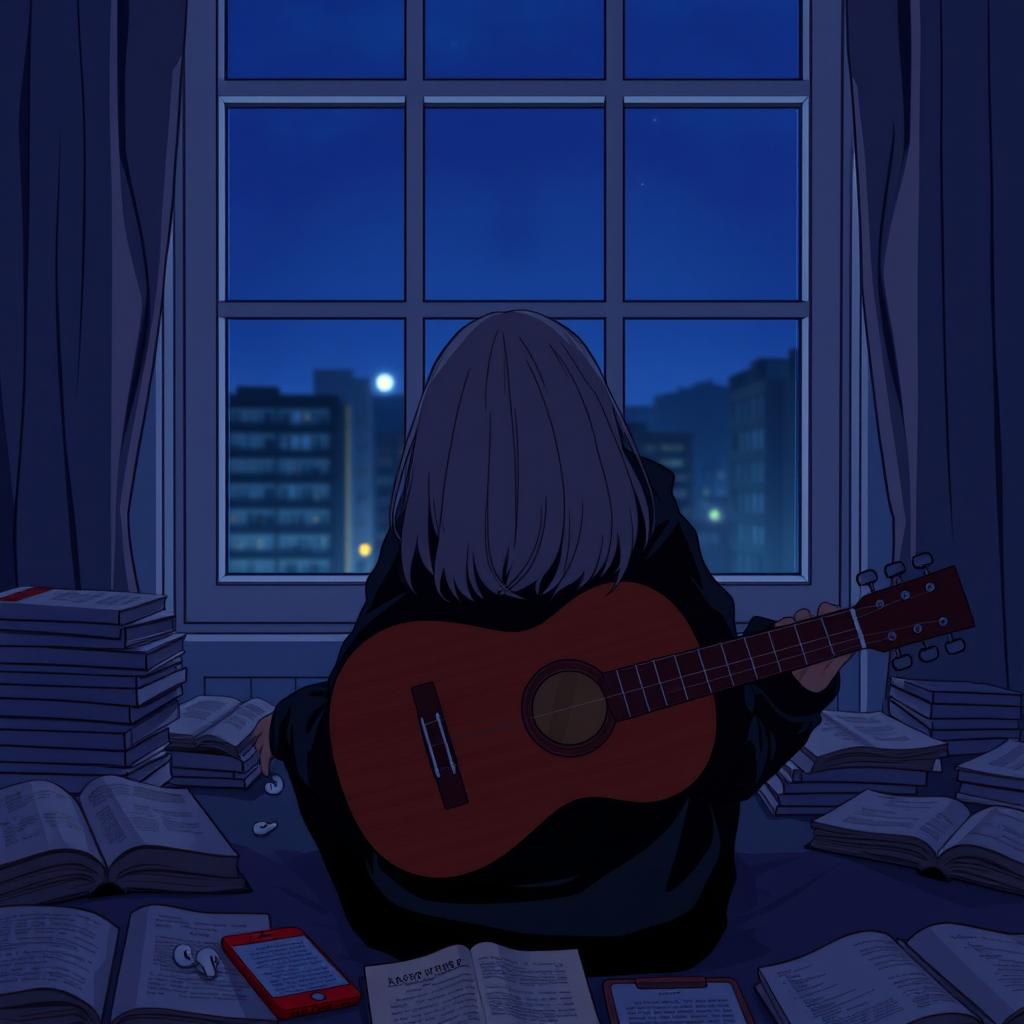 A girl sitting in front of a window with her guitar, facing away so her face is not visible