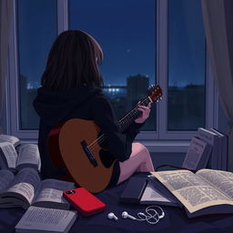A girl sitting in front of a window with her guitar, facing away so her face is not visible