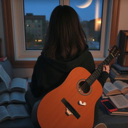 A girl sitting with her guitar, facing away from the viewer towards a window, so her face is not visible