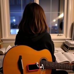 A girl sitting with her guitar, facing away from the viewer towards a window, so her face is not visible