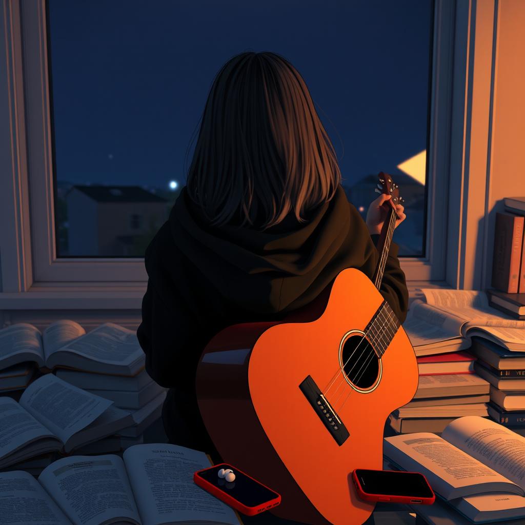 A girl sitting with her guitar, facing away from the viewer towards a window, so her face is not visible