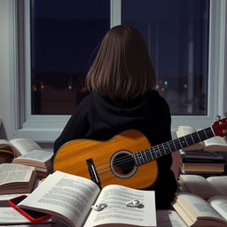 A girl sitting with her guitar, facing away from the viewer towards a window, so her face is not visible
