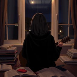 A girl sitting in front of a window playing her guitar, facing away so her face is not visible