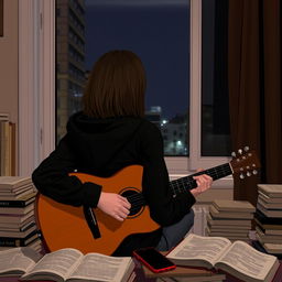 A girl sitting in front of a window playing her guitar, facing away so her face is not visible