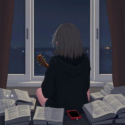 A girl sitting in front of a window playing her guitar, facing away so her face is not visible