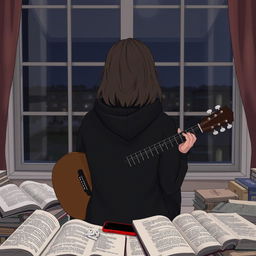 A girl sitting in front of a window playing her guitar, facing away so her face is not visible
