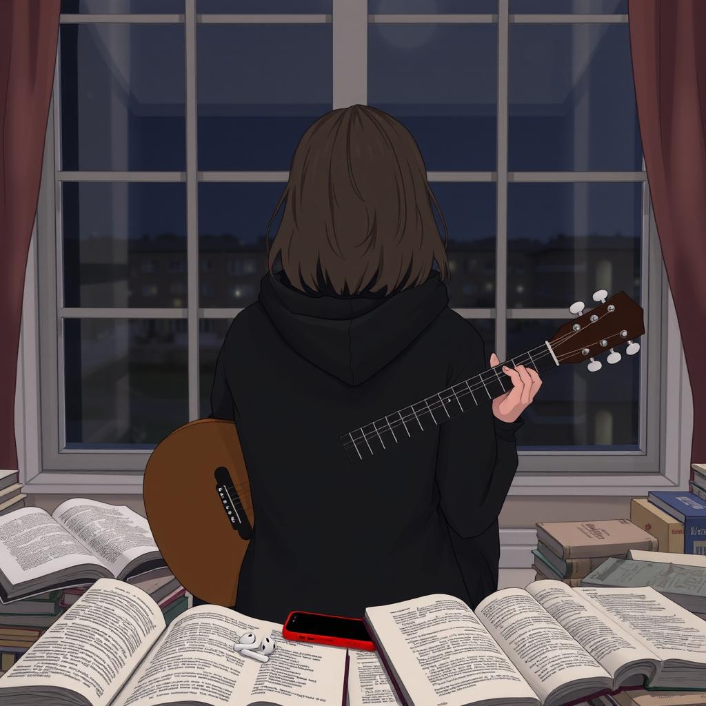A girl sitting in front of a window playing her guitar, facing away so her face is not visible