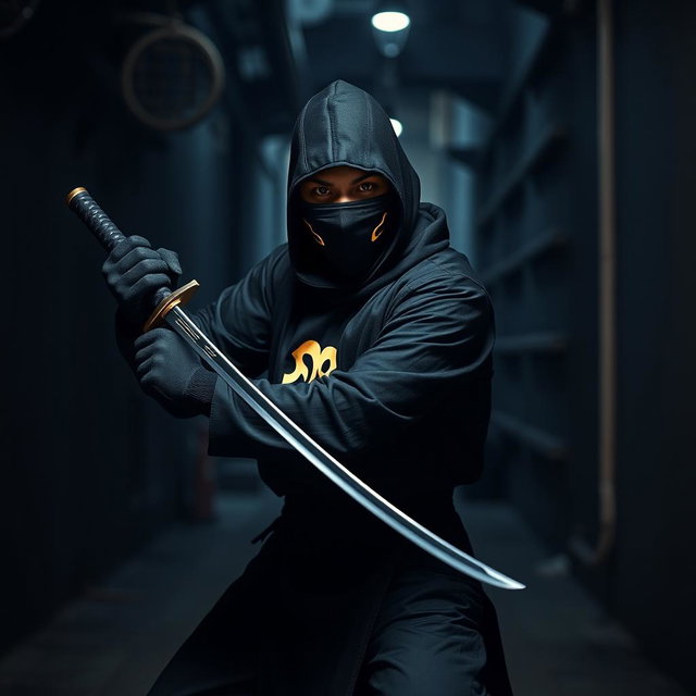 A stealthy ninja dressed in a traditional black outfit, wearing a black mask that covers their face