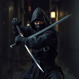 A stealthy ninja dressed in a traditional black outfit, wearing a black mask that covers their face