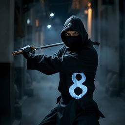 A stealthy ninja dressed in a traditional black outfit, wearing a black mask that covers their face