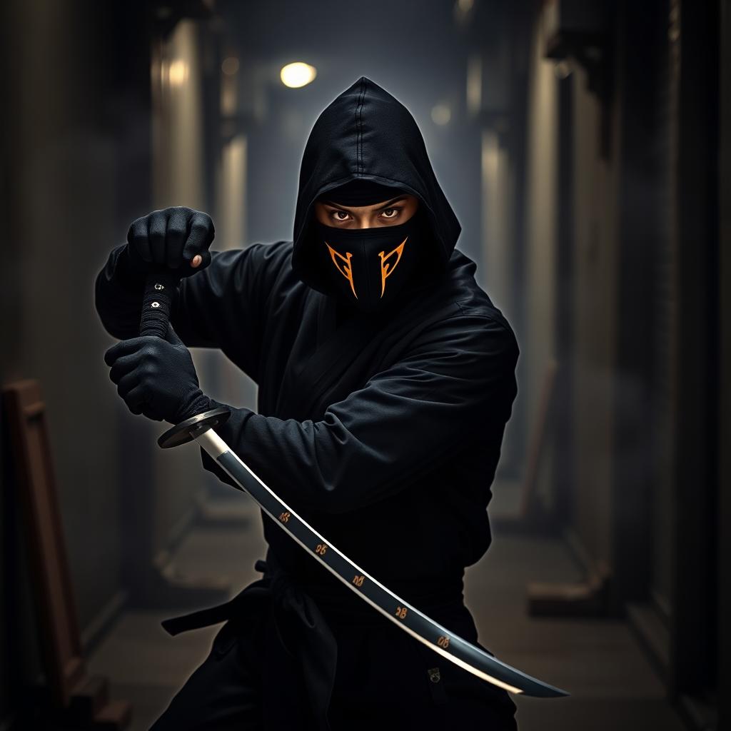 A stealthy ninja dressed in a traditional black outfit, wearing a black mask that covers their face