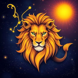 A dynamic and vivid illustration of the astrological sign Leo, represented by a majestic lion surrounded by a celestial backdrop