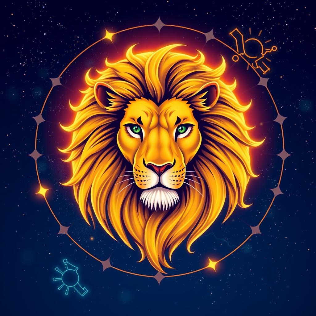 A dynamic and vivid illustration of the astrological sign Leo, represented by a majestic lion surrounded by a celestial backdrop