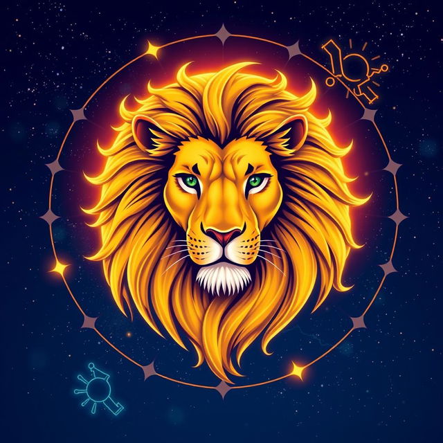 A dynamic and vivid illustration of the astrological sign Leo, represented by a majestic lion surrounded by a celestial backdrop