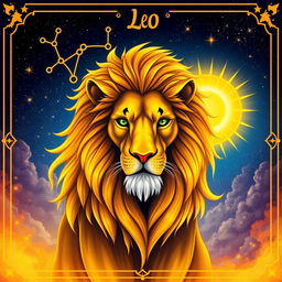 A dynamic and vivid illustration of the astrological sign Leo, represented by a majestic lion surrounded by a celestial backdrop