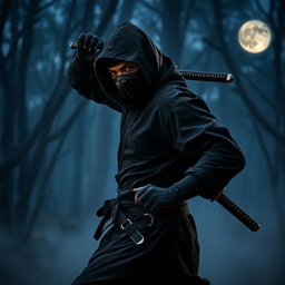 A mysterious ninja wearing a traditional black outfit, featuring intricate detailing, stealthily using a mask designed for stealth and camouflage
