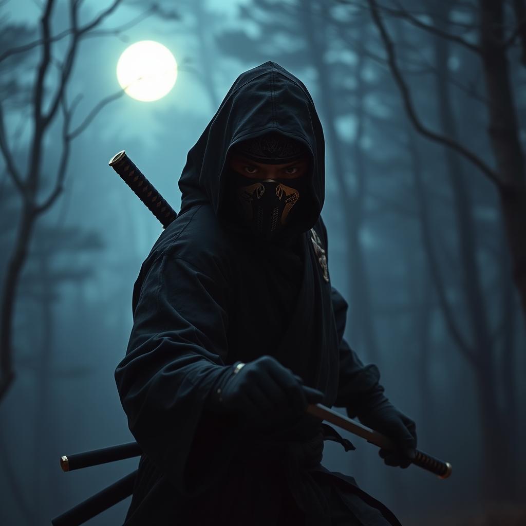 A mysterious ninja wearing a traditional black outfit, featuring intricate detailing, stealthily using a mask designed for stealth and camouflage