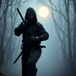 A mysterious ninja wearing a traditional black outfit, featuring intricate detailing, stealthily using a mask designed for stealth and camouflage