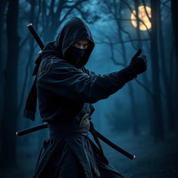A mysterious ninja wearing a traditional black outfit, featuring intricate detailing, stealthily using a mask designed for stealth and camouflage
