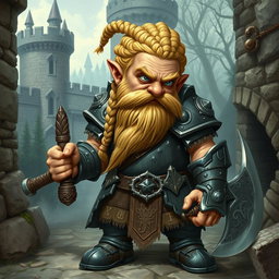 An old school fantasy dwarf with a short, stout body, showcasing intricate braided blonde hair