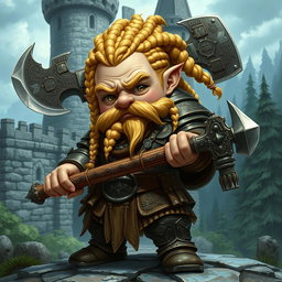 An old school fantasy dwarf with a short, stout body, showcasing intricate braided blonde hair