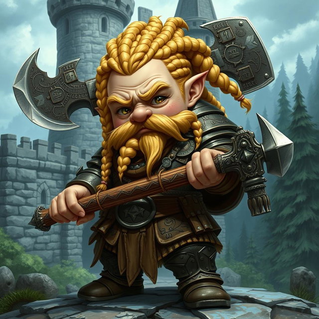 An old school fantasy dwarf with a short, stout body, showcasing intricate braided blonde hair