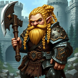 An old school fantasy dwarf with a short, stout body, showcasing intricate braided blonde hair