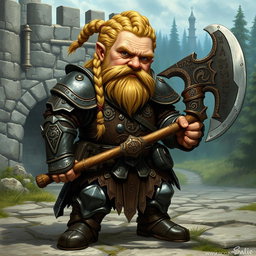 An old school fantasy dwarf with a short, stout body, showcasing intricate braided blonde hair