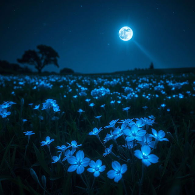 A stunning nocturnal landscape filled with vibrant blue flowers that glow softly under the moonlight